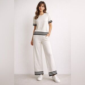 Women's White and Black Striped Pants and Top Set